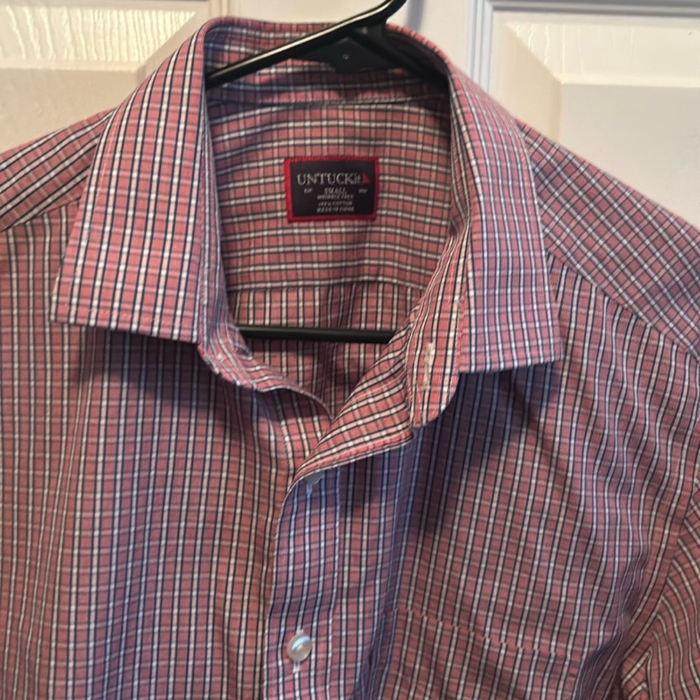 Untuckit Men Long Sleeve Button Down red pink blue check plaid dress shirt small